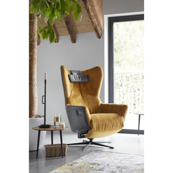 Relaxfauteuil Romia okergeel velvet met zwart leer